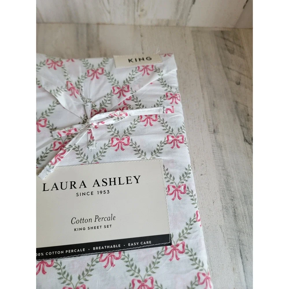 Laura Ashley‎ NEW bow trellis King bedsheet 3pc Xmas home decor holiday
